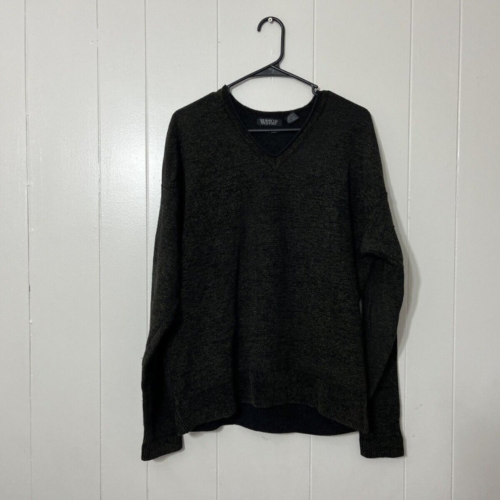 Segreto Men’s Wool Blend V-Neck Sweater Green Black Size L Lightweight Knit